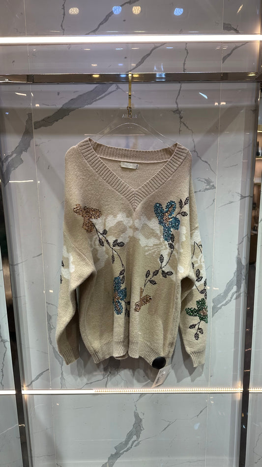 Floral V shape Wool Top